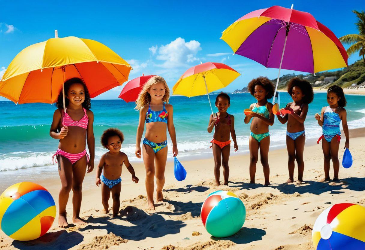 A vibrant beach scene featuring toddlers and tweens in trendy, colorful swimwear. Show various designs like swimsuits with playful patterns and surfing gear, while kids joyfully play with beach balls and build sandcastles. Include bright beach umbrellas, a sparkling ocean in the background, and a sunny sky to create an inviting atmosphere. Illustrate the diversity of styles and sizes to reflect modern trends. vibrant colors. super-realistic.